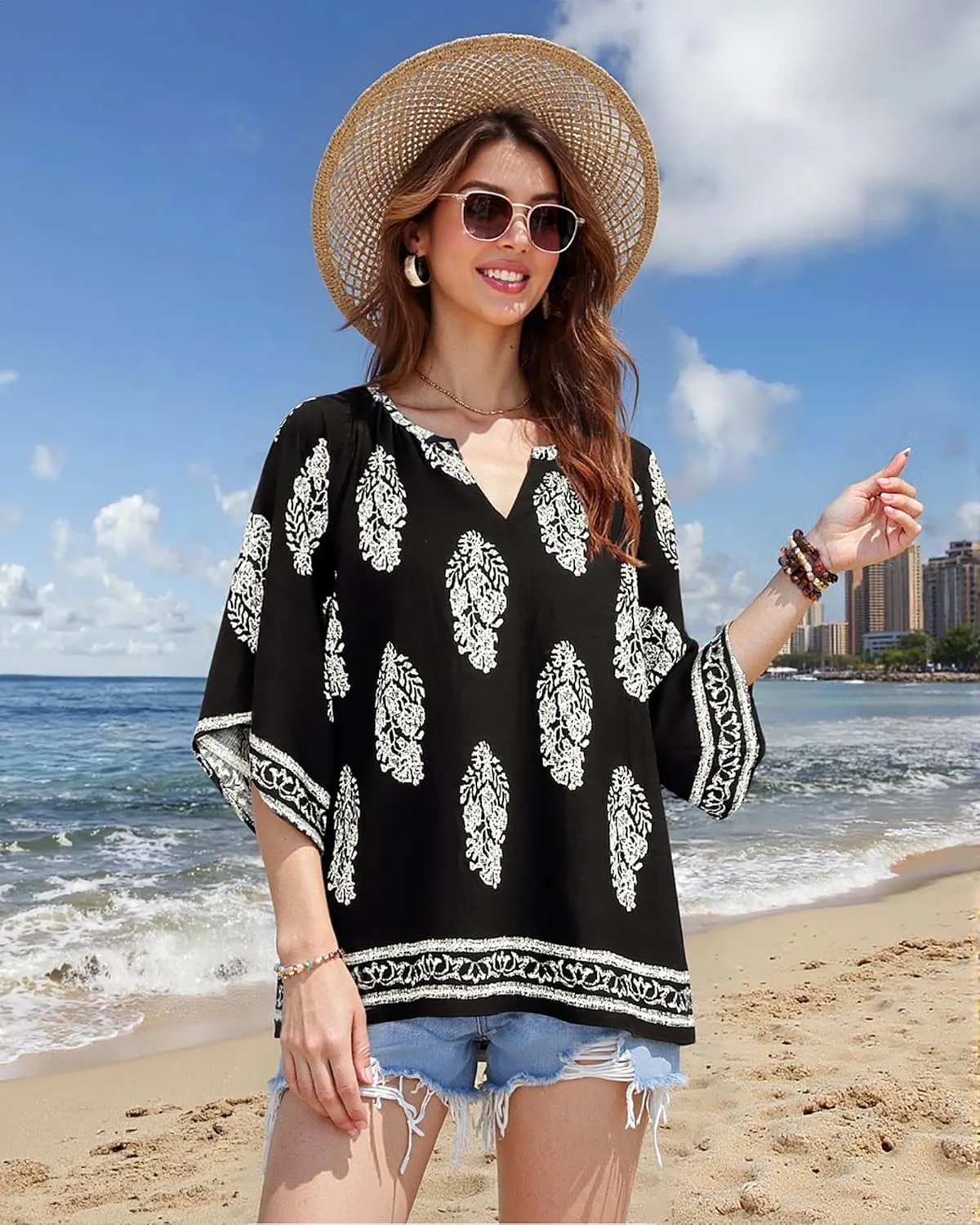 Bebonnie Womens 3/4 Sleeve V Neck Bohemian Peasant Blouses Casual Loose Fit Tunic Tops