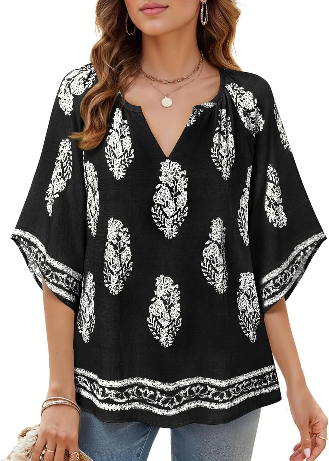 Bebonnie Womens 3/4 Sleeve V Neck Bohemian Peasant Blouses Casual Loose Fit Tunic Tops