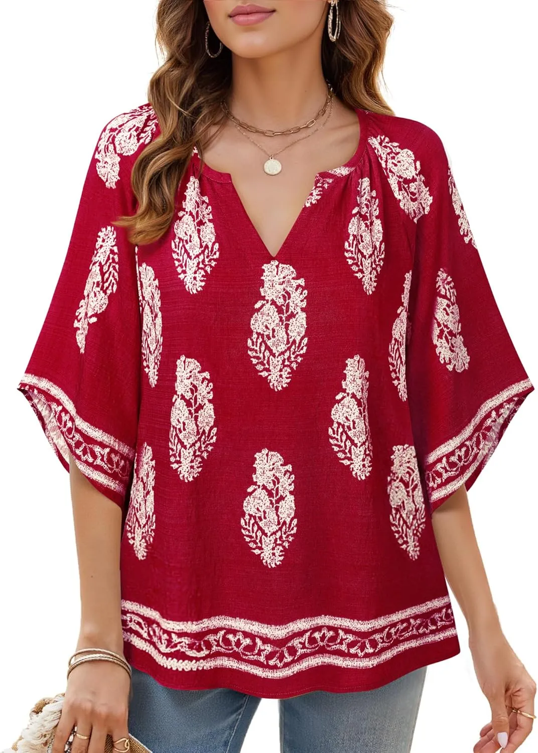 Bebonnie Womens 3/4 Sleeve V Neck Bohemian Peasant Blouses Casual Loose Fit Tunic Tops