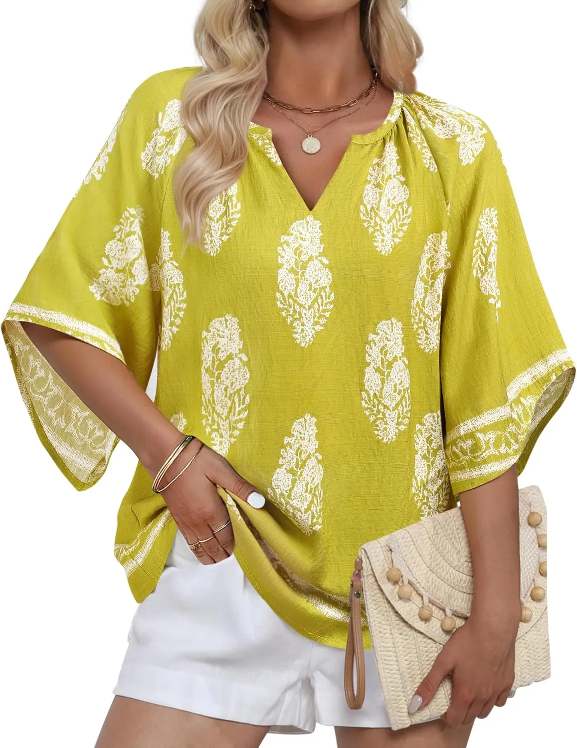Bebonnie Womens 3/4 Sleeve V Neck Bohemian Peasant Blouses Casual Loose Fit Tunic Tops