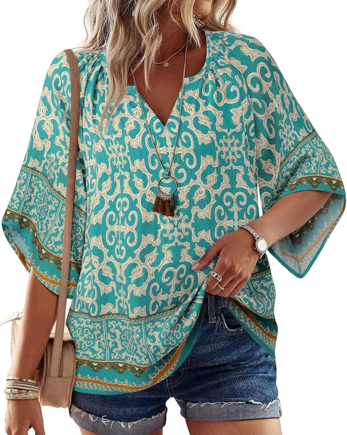 Bebonnie Womens 3/4 Sleeve V Neck Bohemian Peasant Blouses Casual Loose Fit Tunic Tops