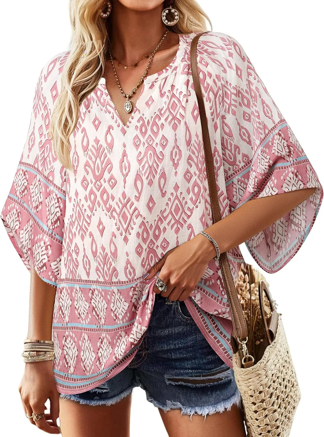 Bebonnie Womens 3/4 Sleeve V Neck Bohemian Peasant Blouses Casual Loose Fit Tunic Tops