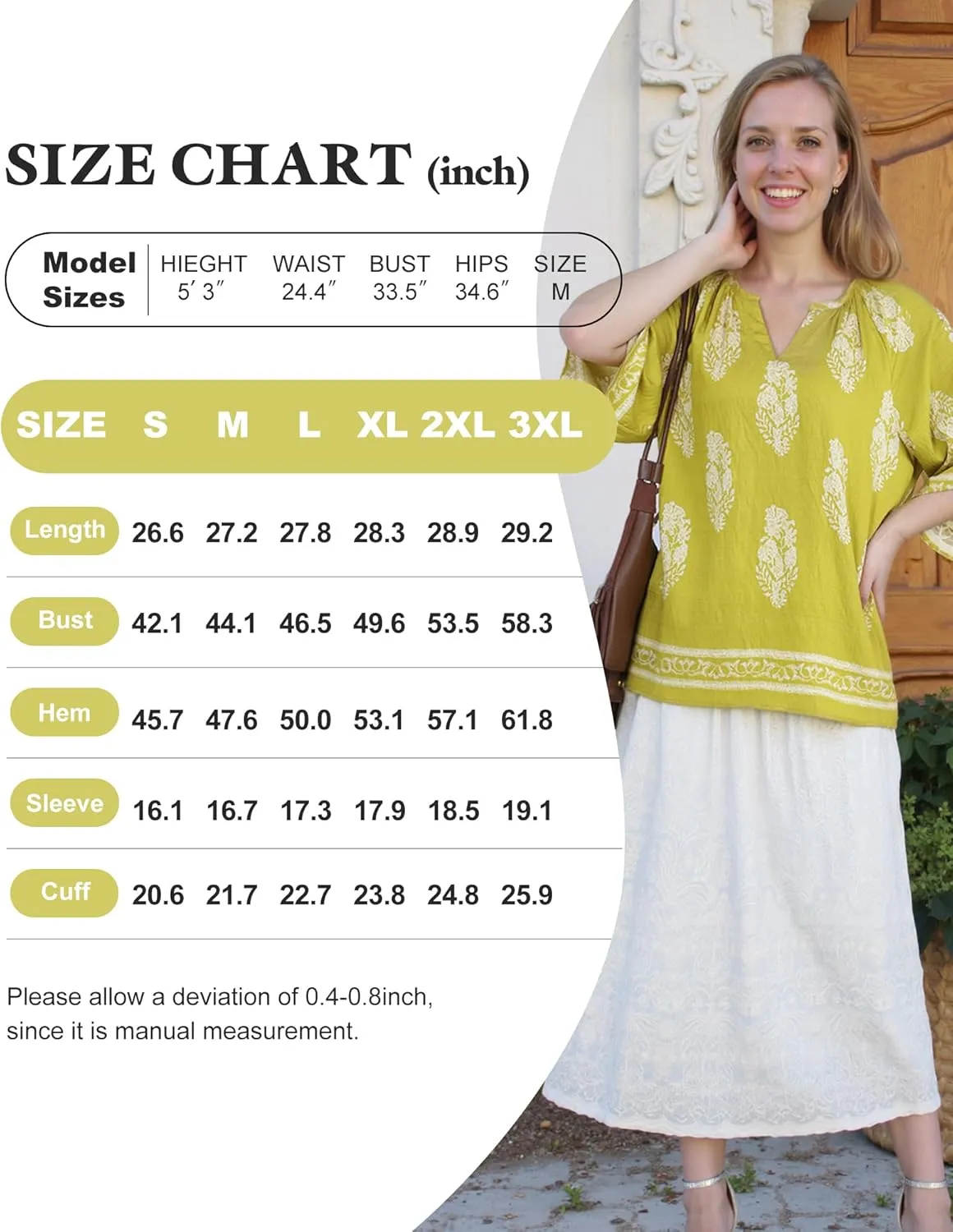 Bebonnie Womens 3/4 Sleeve V Neck Bohemian Peasant Blouses Casual Loose Fit Tunic Tops