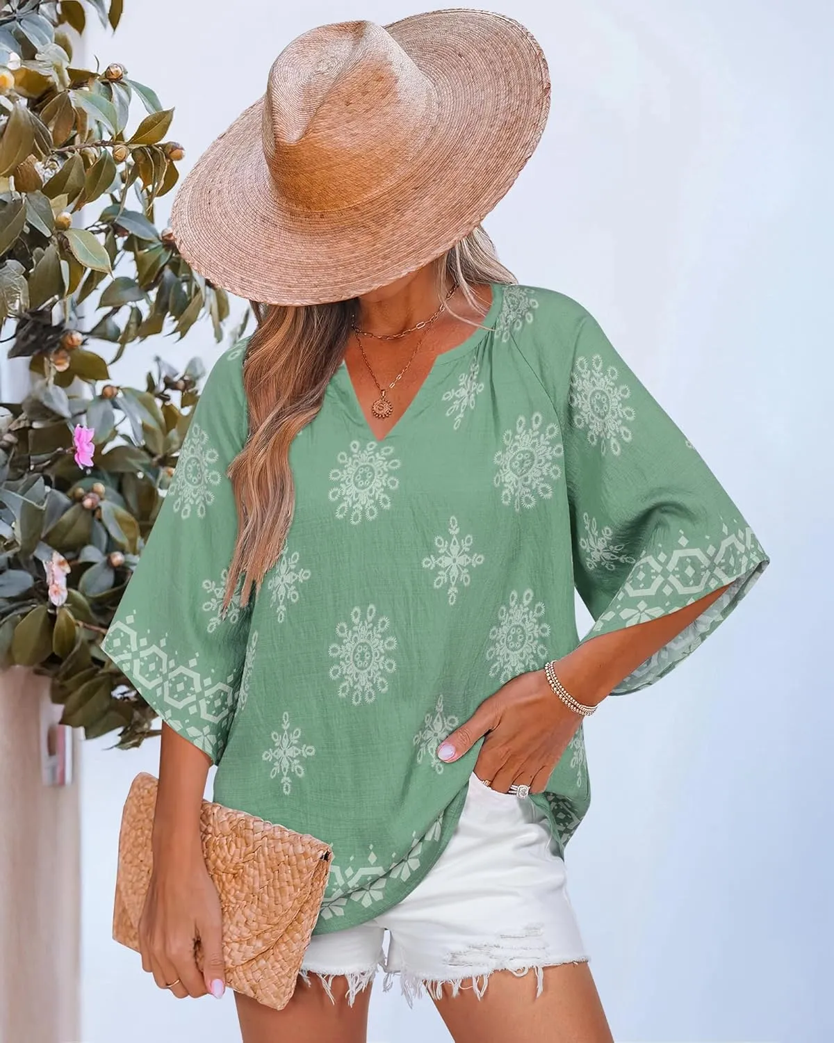 Bebonnie Womens 3/4 Sleeve V Neck Bohemian Peasant Blouses Casual Loose Fit Tunic Tops