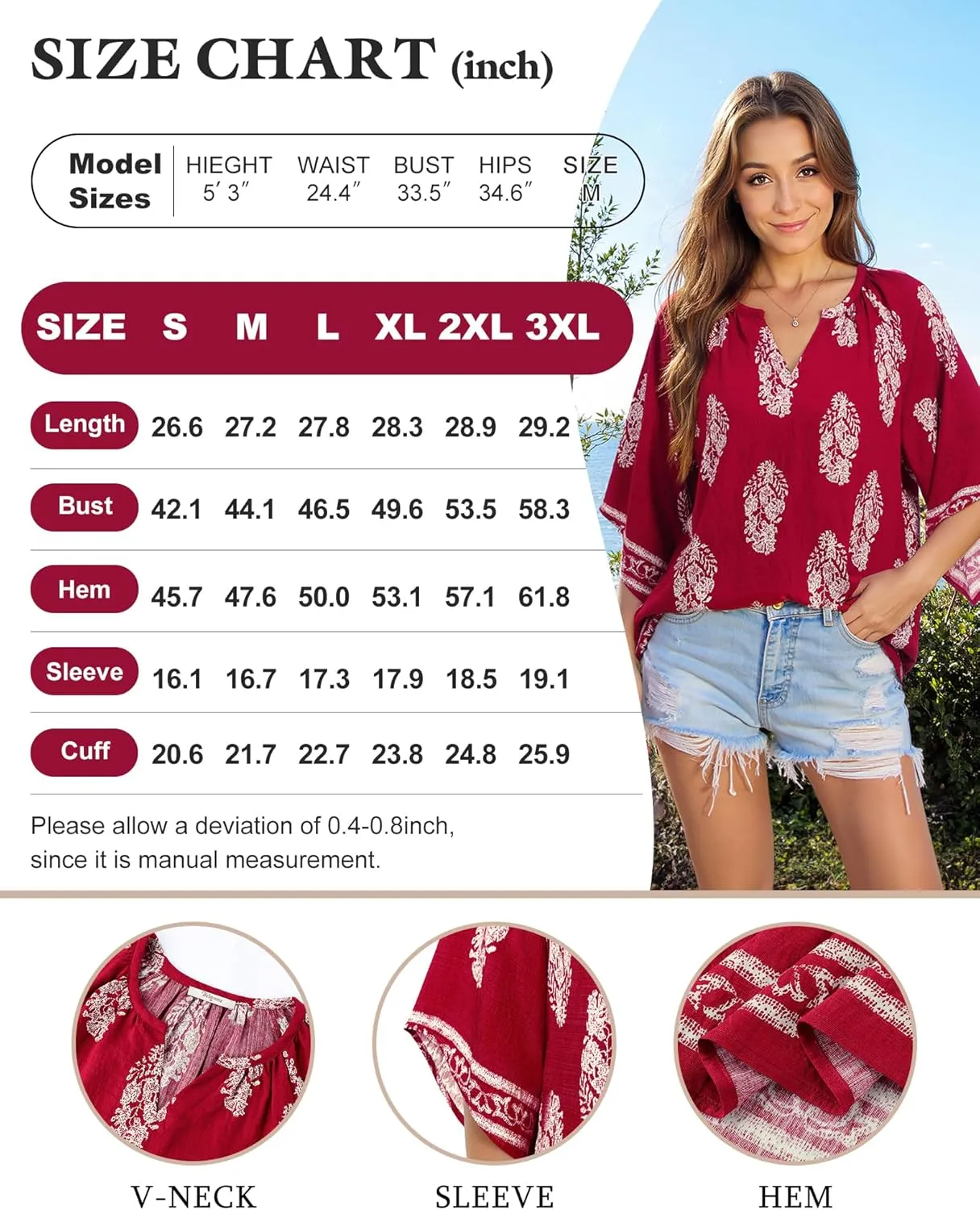 Bebonnie Womens 3/4 Sleeve V Neck Bohemian Peasant Blouses Casual Loose Fit Tunic Tops