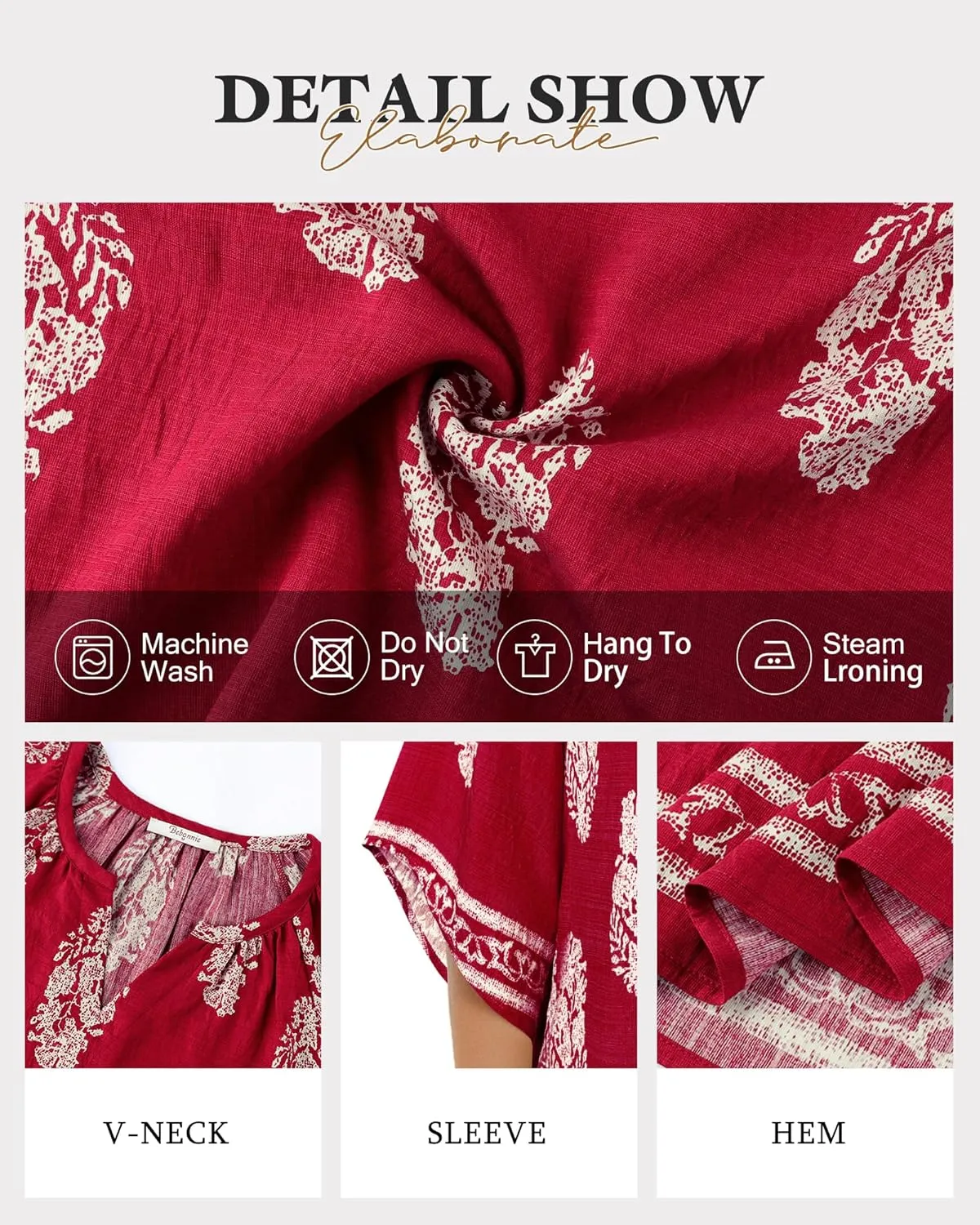 Bebonnie Womens 3/4 Sleeve V Neck Bohemian Peasant Blouses Casual Loose Fit Tunic Tops