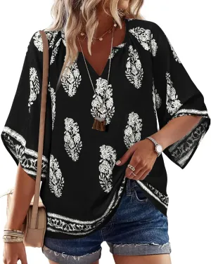 Bebonnie Womens 3/4 Sleeve V Neck Bohemian Peasant Blouses Casual Loose Fit Tunic Tops