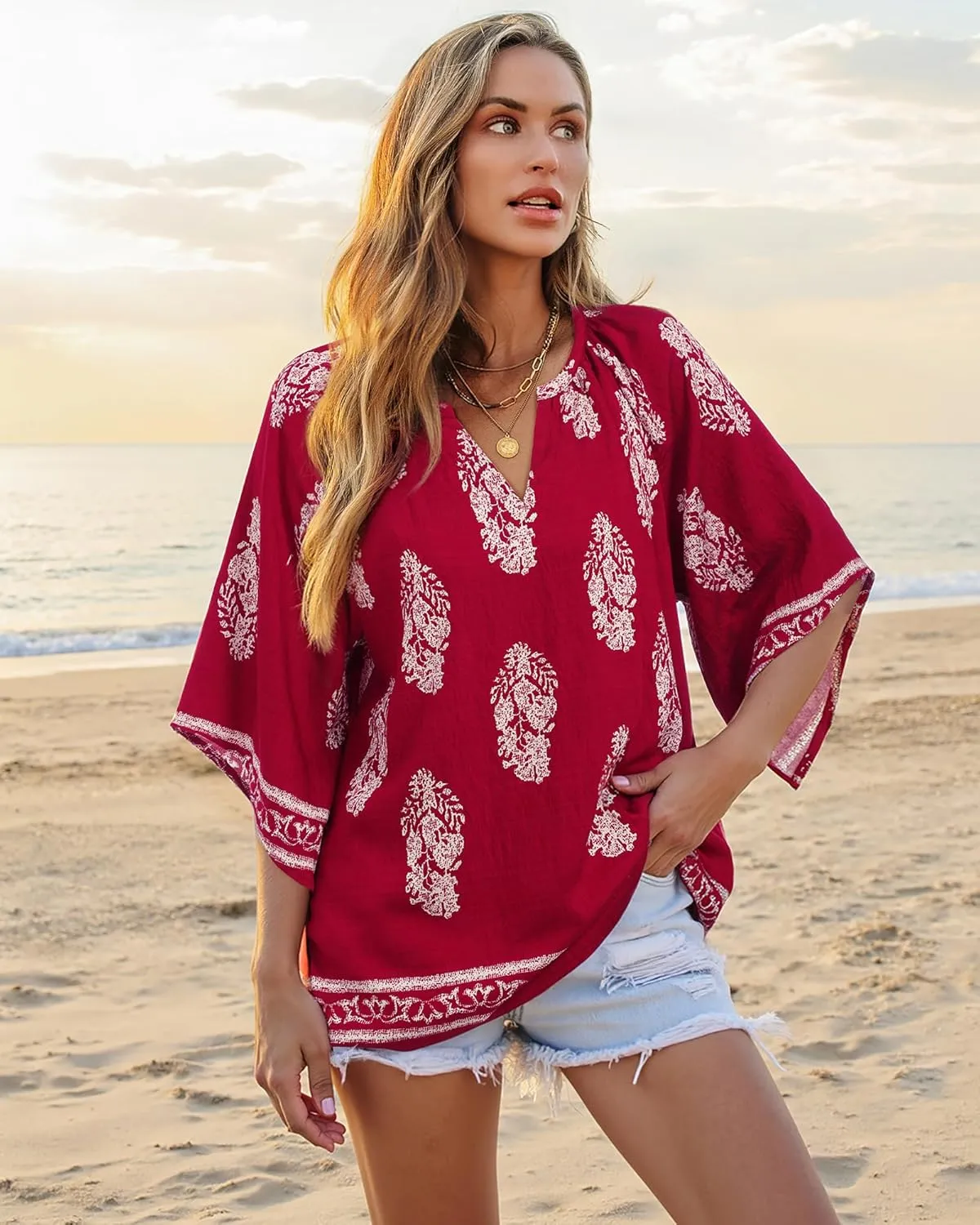 Bebonnie Womens 3/4 Sleeve V Neck Bohemian Peasant Blouses Casual Loose Fit Tunic Tops