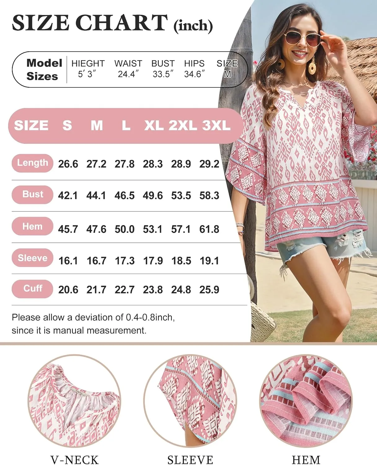 Bebonnie Womens 3/4 Sleeve V Neck Bohemian Peasant Blouses Casual Loose Fit Tunic Tops