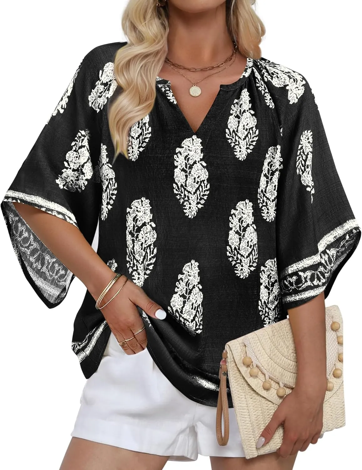 Bebonnie Womens 3/4 Sleeve V Neck Bohemian Peasant Blouses Casual Loose Fit Tunic Tops