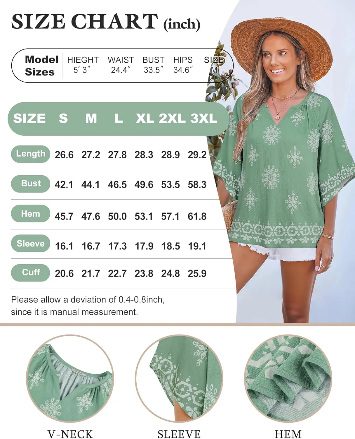 Bebonnie Womens 3/4 Sleeve V Neck Bohemian Peasant Blouses Casual Loose Fit Tunic Tops