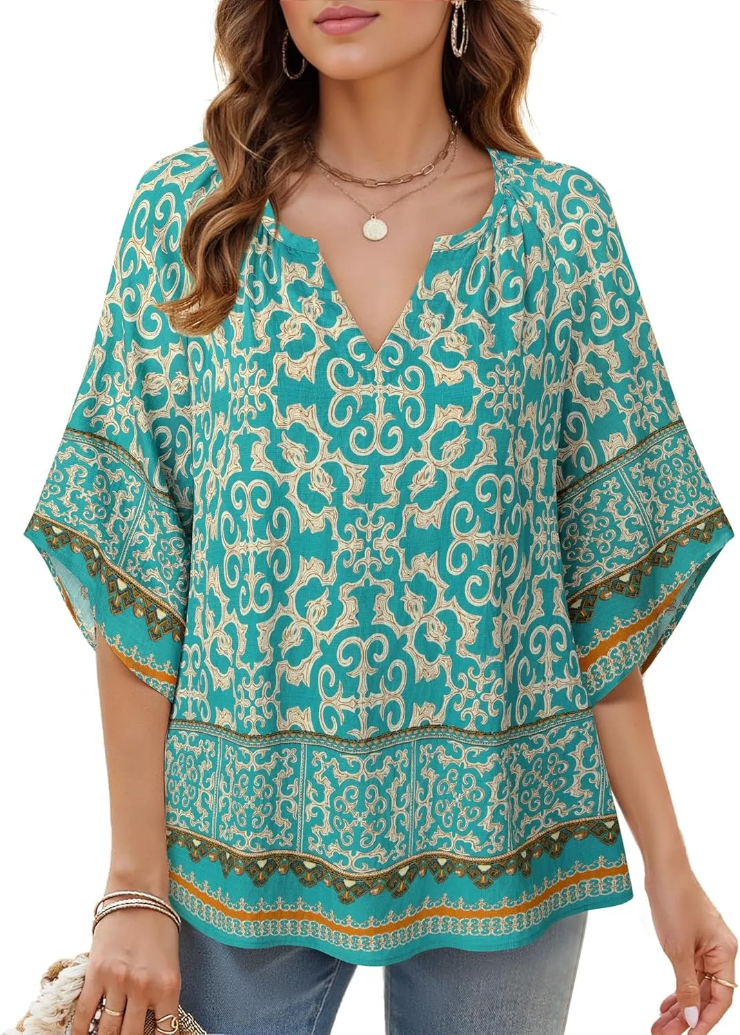 Bebonnie Womens 3/4 Sleeve V Neck Bohemian Peasant Blouses Casual Loose Fit Tunic Tops