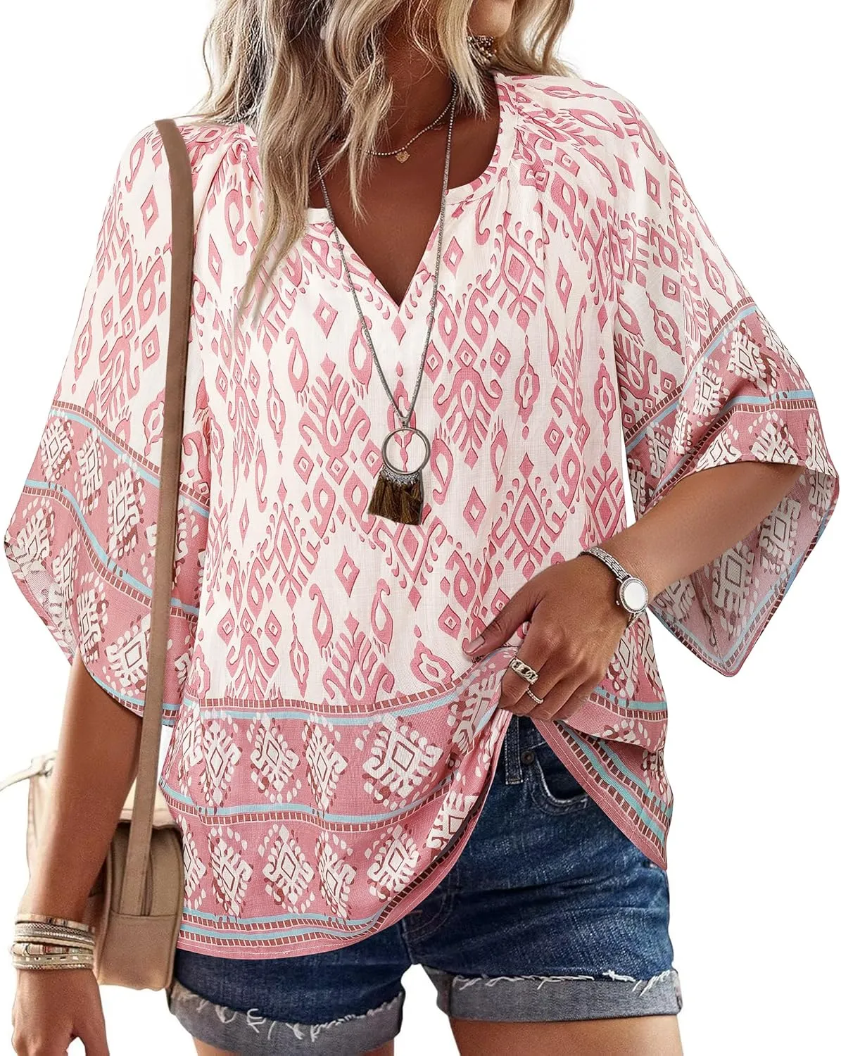 Bebonnie Womens 3/4 Sleeve V Neck Bohemian Peasant Blouses Casual Loose Fit Tunic Tops