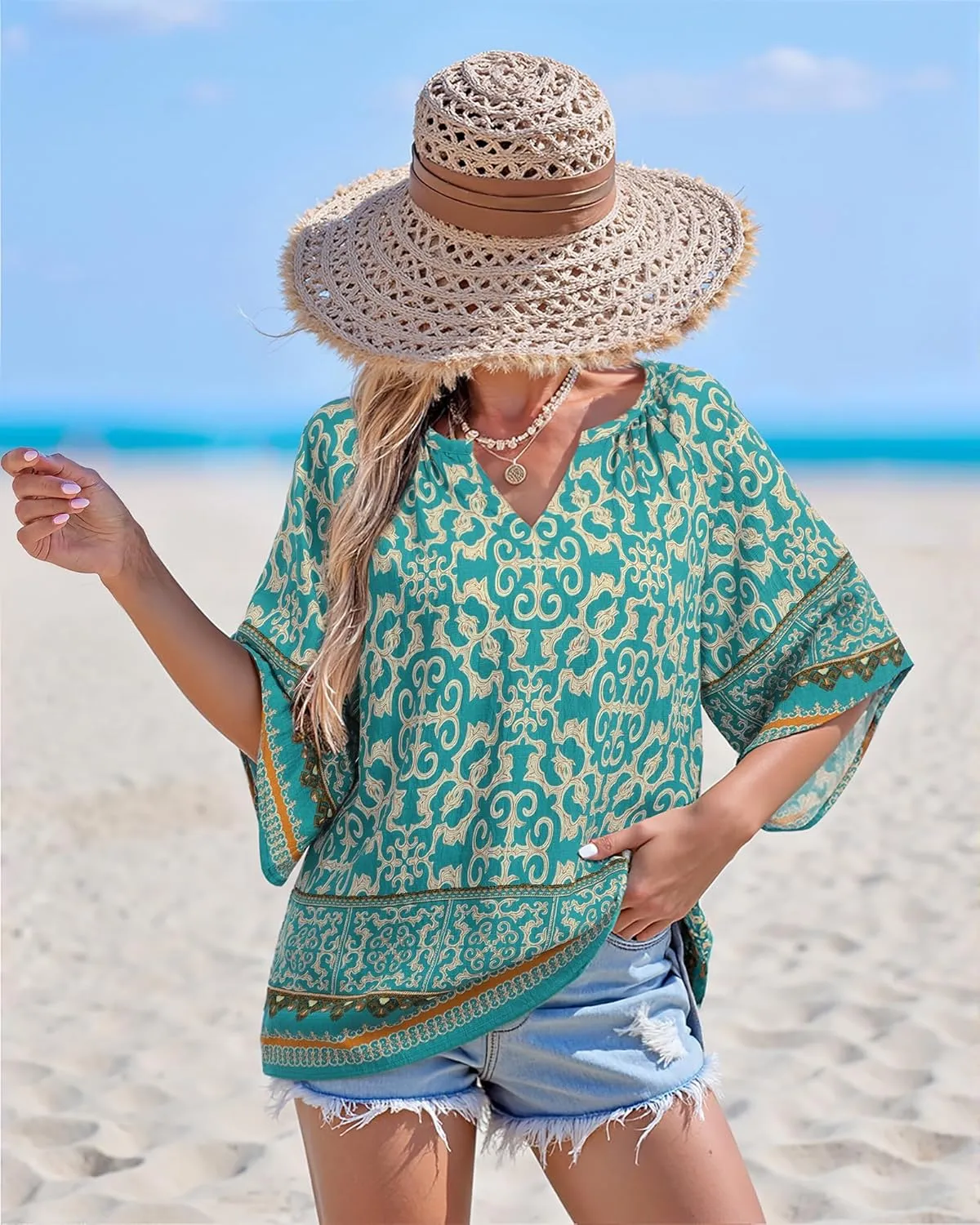 Bebonnie Womens 3/4 Sleeve V Neck Bohemian Peasant Blouses Casual Loose Fit Tunic Tops