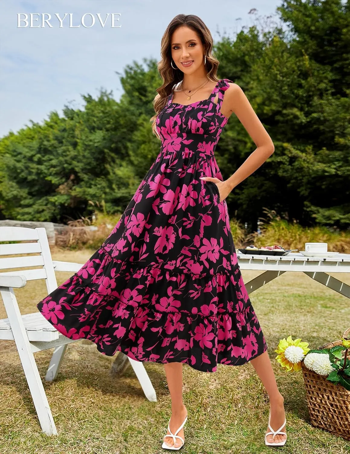 BeryLove Women's 2025 Summer Floral Boho Dress Casual Ruffle Tiered Beach Vacation Dress