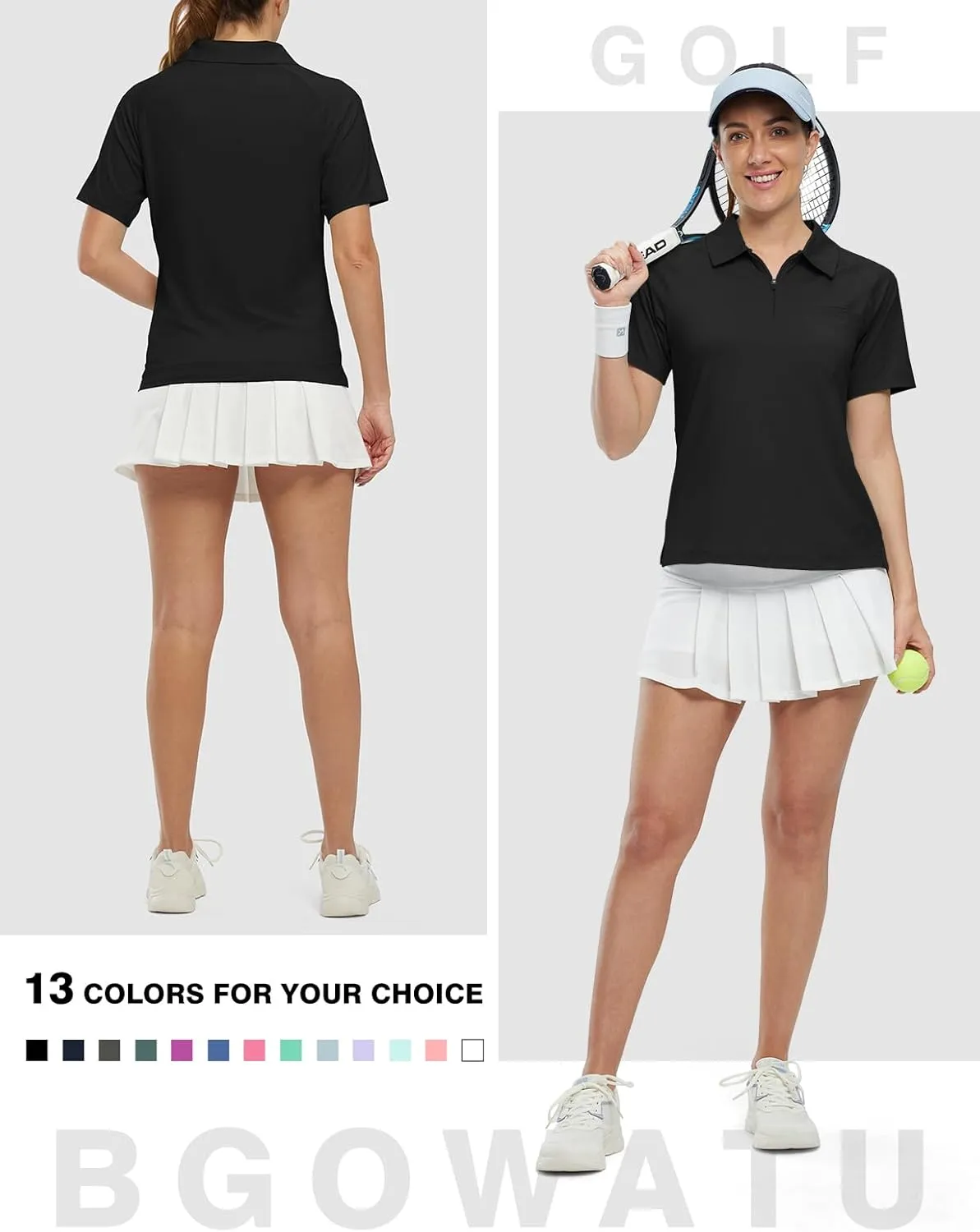 BGOWATU Women's Short Sleeve Golf Polo Shirts 1/4 Zip Tennis Tops Collared T-Shirts UV Protection Quick Dry