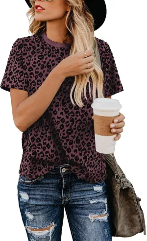 Blooming Jelly Womens Leopard Print Tops Short Sleeve Round Neck Casual T Shirts Tees