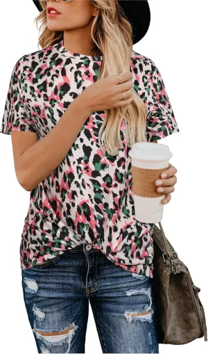 Blooming Jelly Womens Leopard Print Tops Short Sleeve Round Neck Casual T Shirts Tees