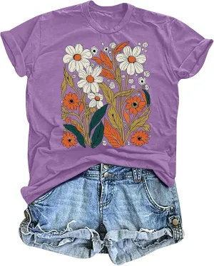 Boho Floral T Shirts Women Colorful Wildflower Graphic Tee Vintage Flower Shirt Garden Lover Botanical Tops