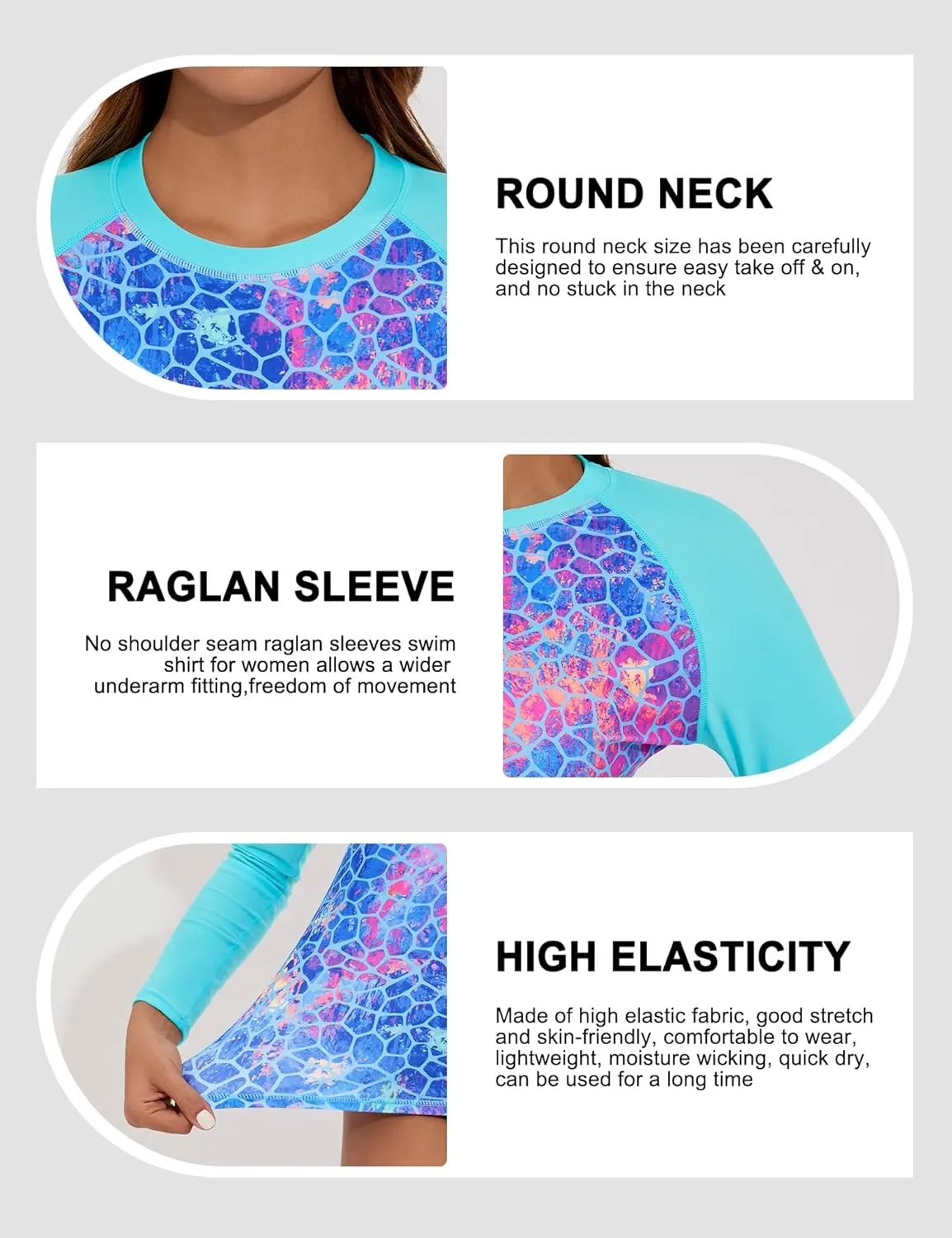 Bonneuitbebe Women's Rash Guard UPF 50  Long Sleeve Swim Shirts Rashguard Workout Tops SPF Shirts Beach Water Swimwear