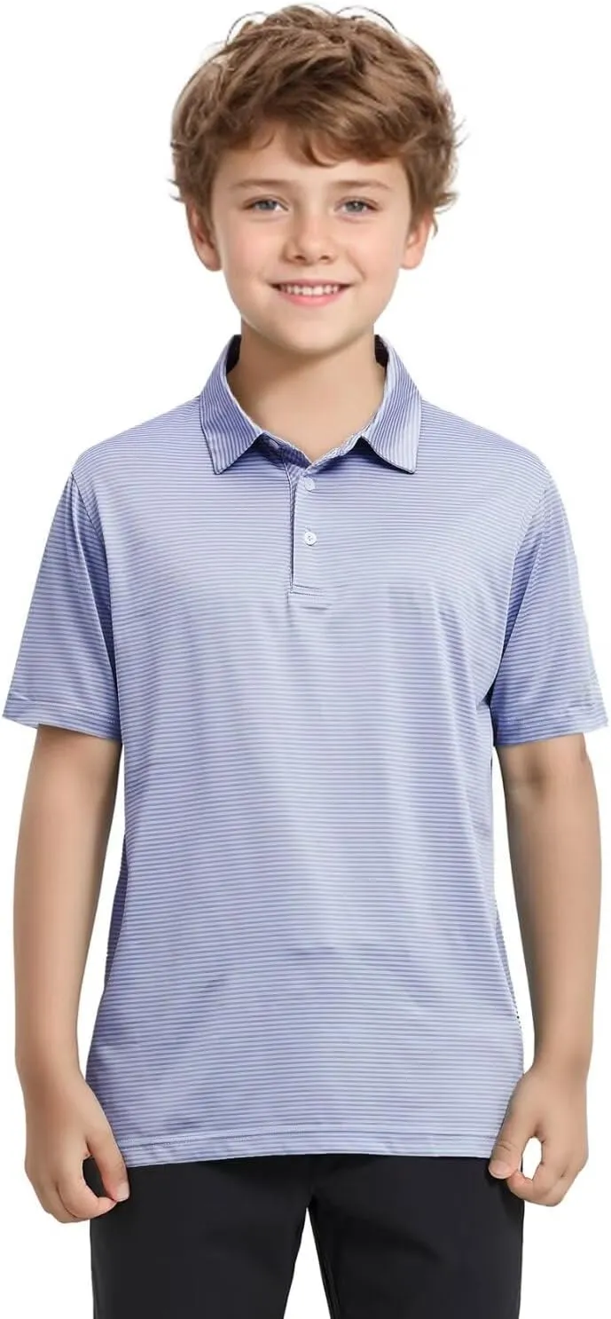 Boys Polo Shirts Short Sleeve Striped Performance Moisture Wicking Dry Fit Golf Shirts for Boys Youth Kids