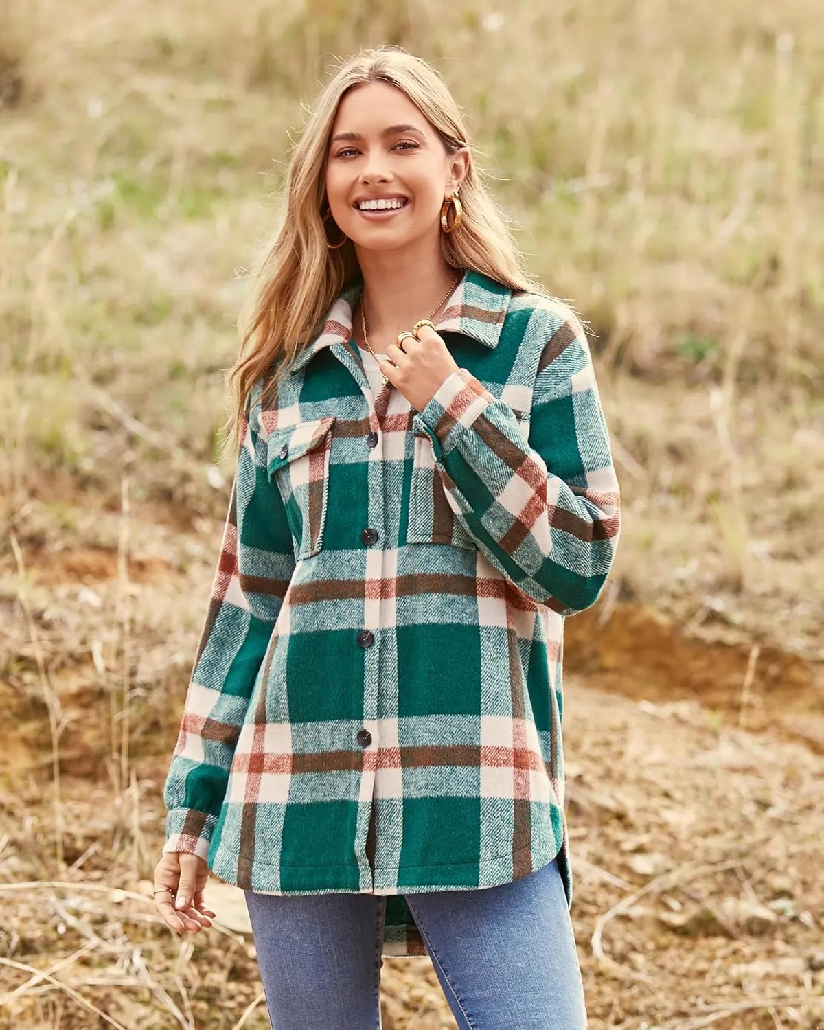 BTFBM Women's Long Sleeve Button Down Jackets Plaid Flannel Shirts Tops Casual Lapel V Neck Oversized Shackets Blouses Top