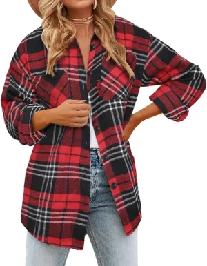 BTFBM Women's Long Sleeve Button Down Jackets Plaid Flannel Shirts Tops Casual Lapel V Neck Oversized Shackets Blouses Top