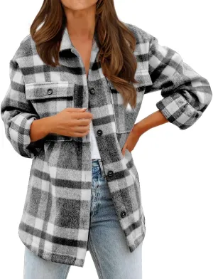 BTFBM Women's Long Sleeve Button Down Jackets Plaid Flannel Shirts Tops Casual Lapel V Neck Oversized Shackets Blouses Top