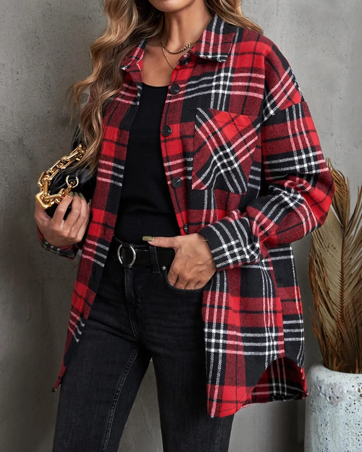 BTFBM Women's Long Sleeve Button Down Jackets Plaid Flannel Shirts Tops Casual Lapel V Neck Oversized Shackets Blouses Top