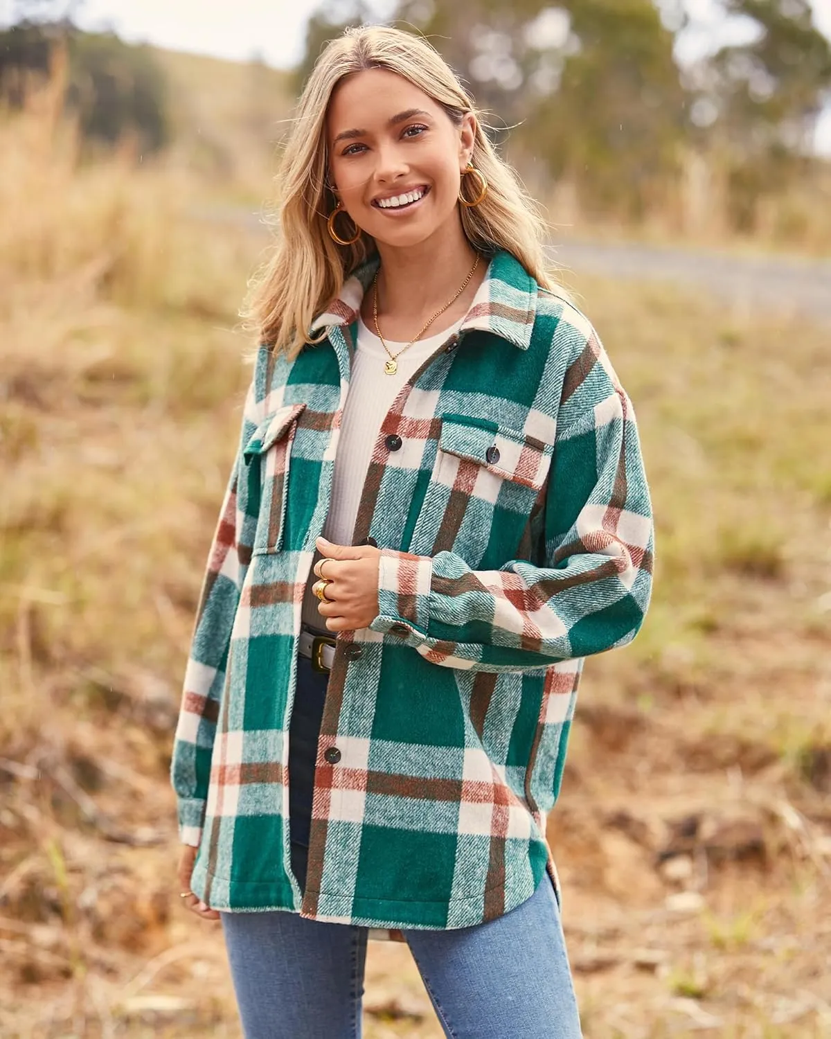BTFBM Women's Long Sleeve Button Down Jackets Plaid Flannel Shirts Tops Casual Lapel V Neck Oversized Shackets Blouses Top