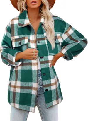 BTFBM Women's Long Sleeve Button Down Jackets Plaid Flannel Shirts Tops Casual Lapel V Neck Oversized Shackets Blouses Top