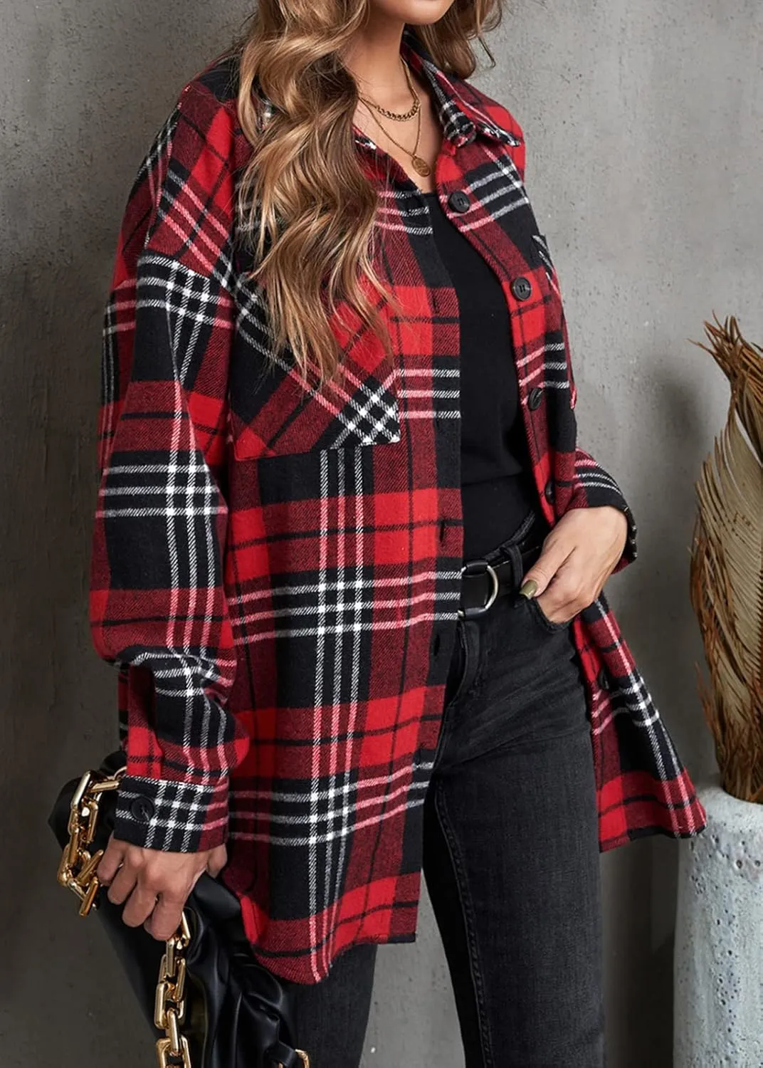 BTFBM Women's Long Sleeve Button Down Jackets Plaid Flannel Shirts Tops Casual Lapel V Neck Oversized Shackets Blouses Top