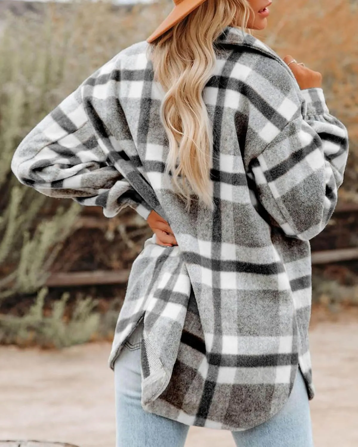 BTFBM Women's Long Sleeve Button Down Jackets Plaid Flannel Shirts Tops Casual Lapel V Neck Oversized Shackets Blouses Top