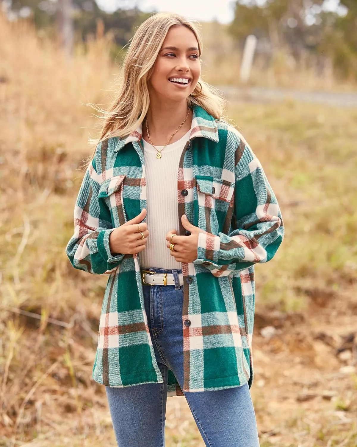 BTFBM Women's Long Sleeve Button Down Jackets Plaid Flannel Shirts Tops Casual Lapel V Neck Oversized Shackets Blouses Top