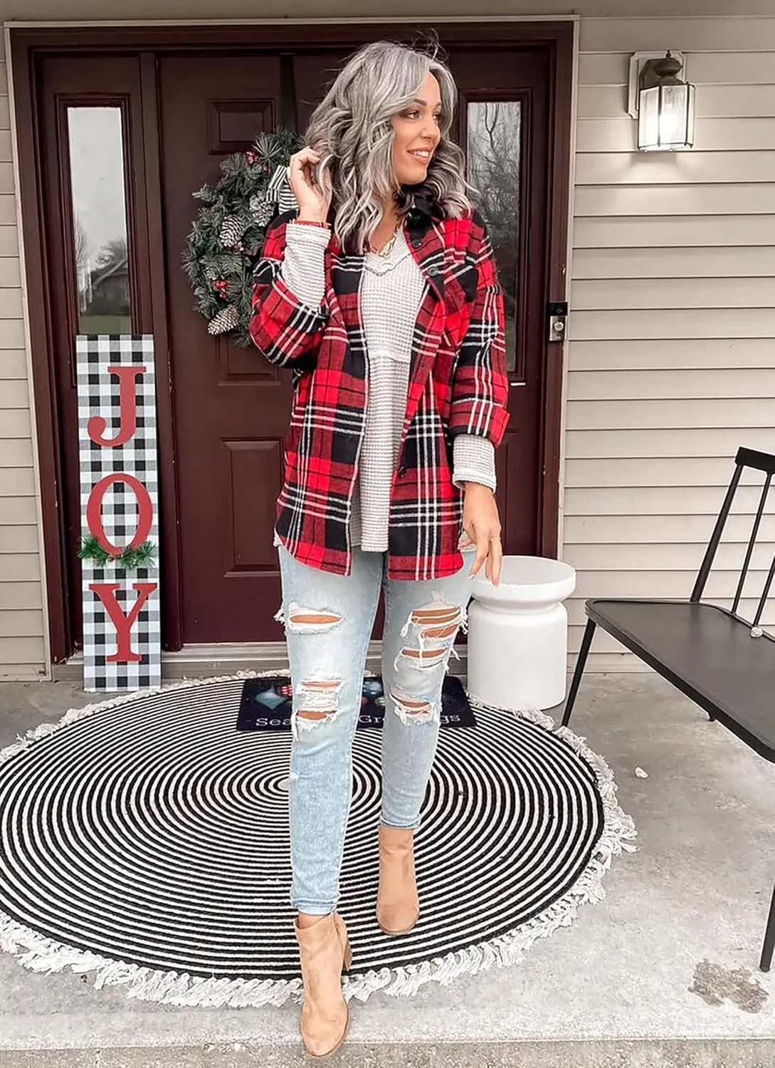 BTFBM Women's Long Sleeve Button Down Jackets Plaid Flannel Shirts Tops Casual Lapel V Neck Oversized Shackets Blouses Top