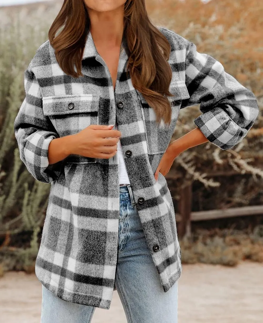 BTFBM Women's Long Sleeve Button Down Jackets Plaid Flannel Shirts Tops Casual Lapel V Neck Oversized Shackets Blouses Top