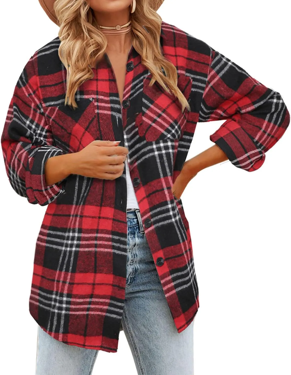 BTFBM Women's Long Sleeve Button Down Jackets Plaid Flannel Shirts Tops Casual Lapel V Neck Oversized Shackets Blouses Top