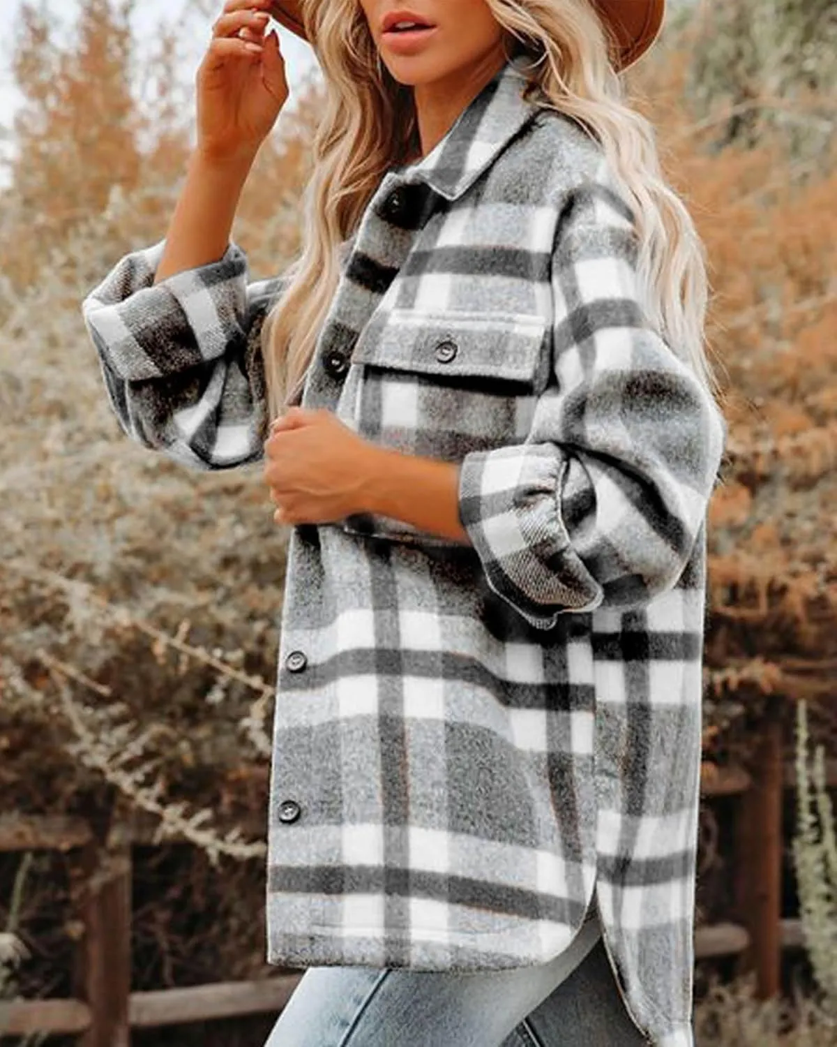 BTFBM Women's Long Sleeve Button Down Jackets Plaid Flannel Shirts Tops Casual Lapel V Neck Oversized Shackets Blouses Top