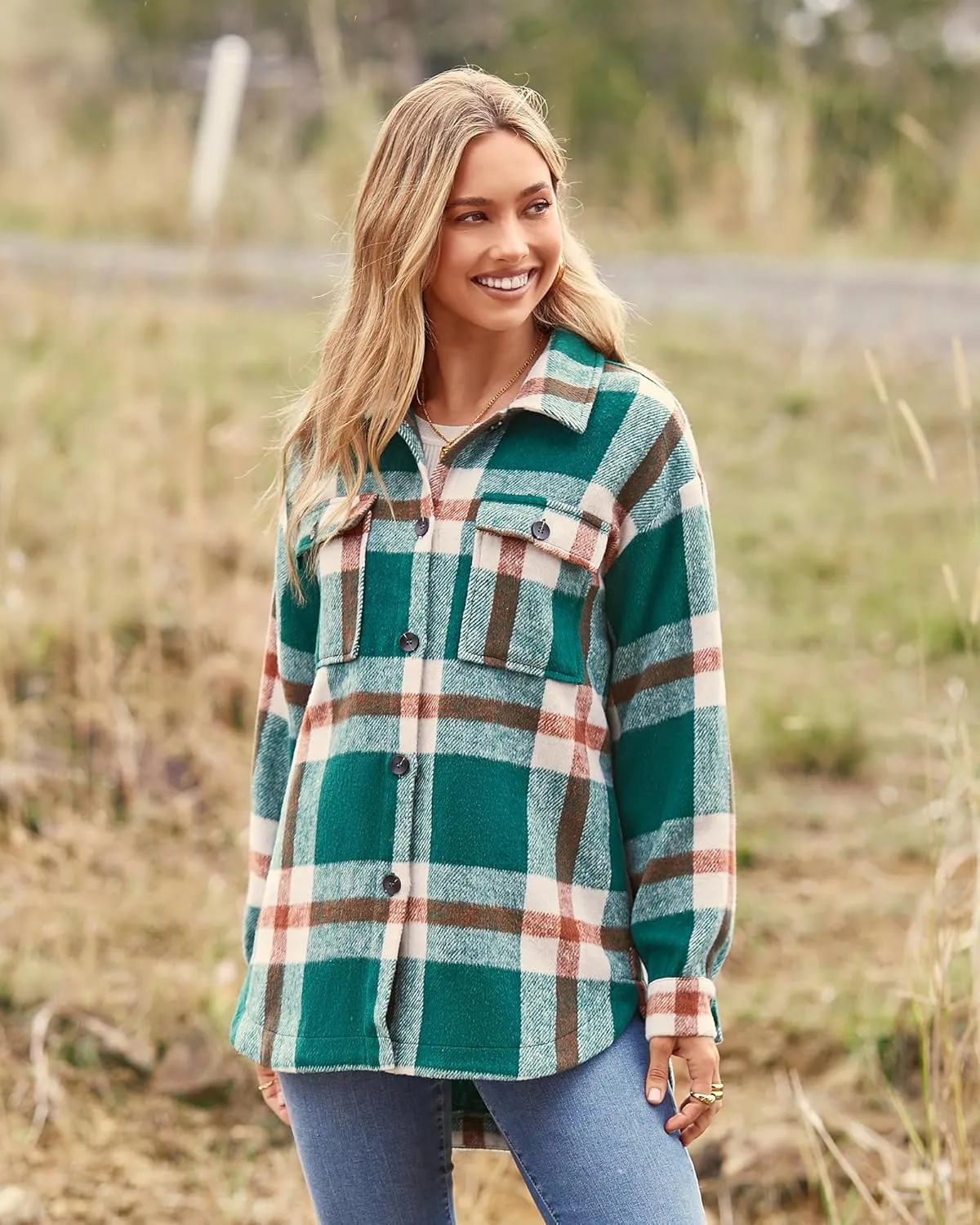 BTFBM Women's Long Sleeve Button Down Jackets Plaid Flannel Shirts Tops Casual Lapel V Neck Oversized Shackets Blouses Top