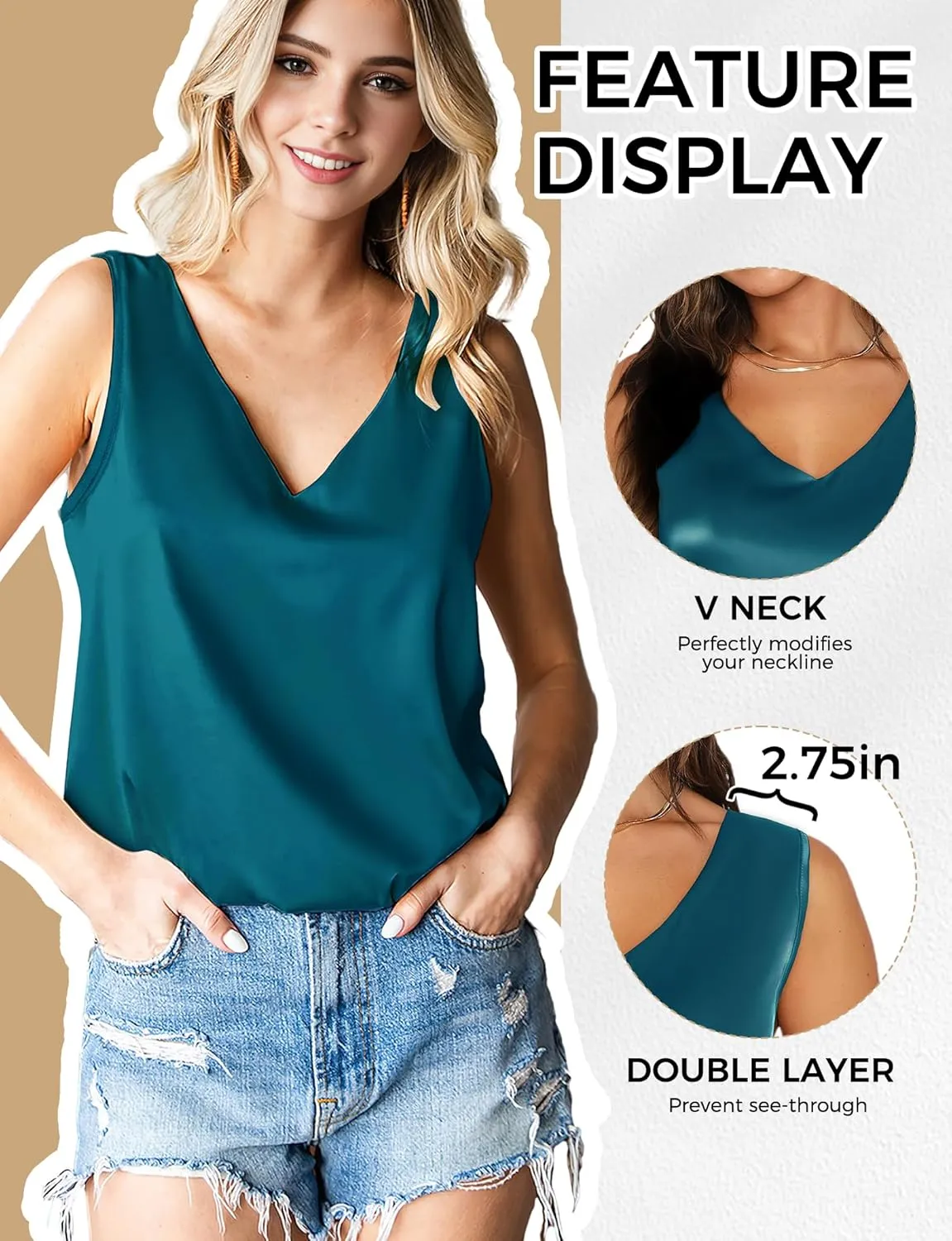 Buauty Silk Satin Tank Tops for Women V Neck Camisole Cami Casual Sleeveless Tops Spaghetti Strap Blouses Summer Basic Tank