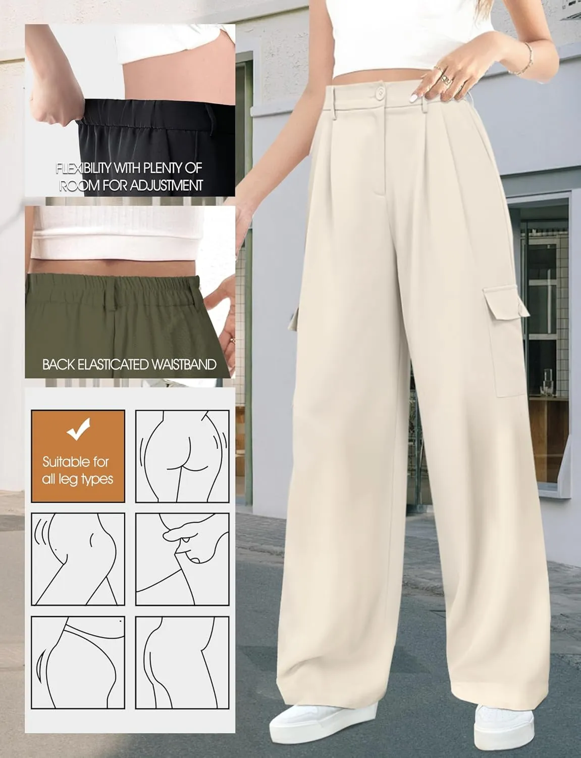 Buauty Women's Wide Leg Cargo Pants High Waisted Trousers Pants Casual Dress Pants with Pockets 2024 Loose Business Clothes