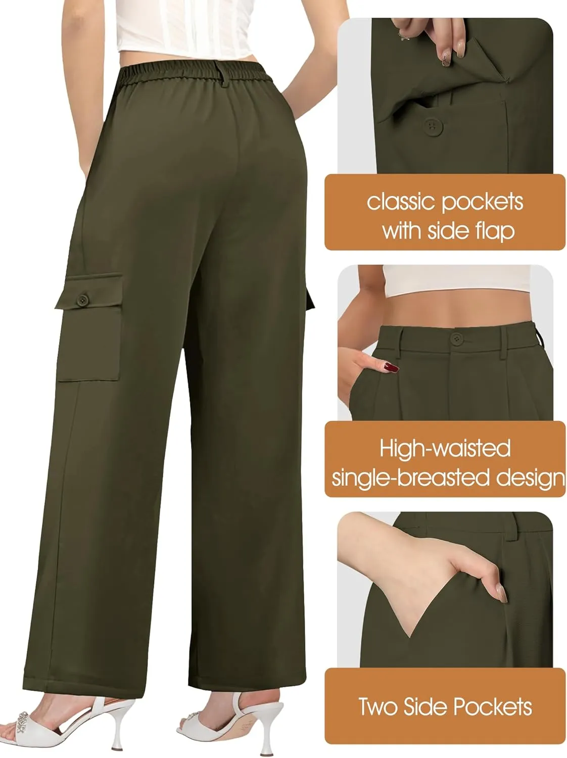 Buauty Women's Wide Leg Cargo Pants High Waisted Trousers Pants Casual Dress Pants with Pockets 2024 Loose Business Clothes