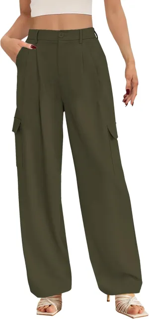 Buauty Women's Wide Leg Cargo Pants High Waisted Trousers Pants Casual Dress Pants with Pockets 2024 Loose Business Clothes