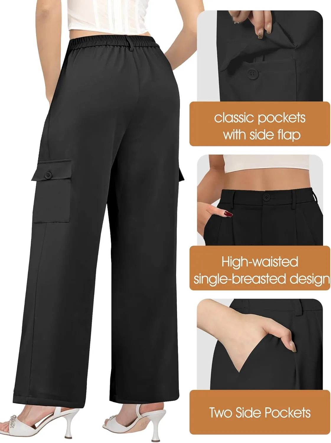 Buauty Women's Wide Leg Cargo Pants High Waisted Trousers Pants Casual Dress Pants with Pockets 2024 Loose Business Clothes