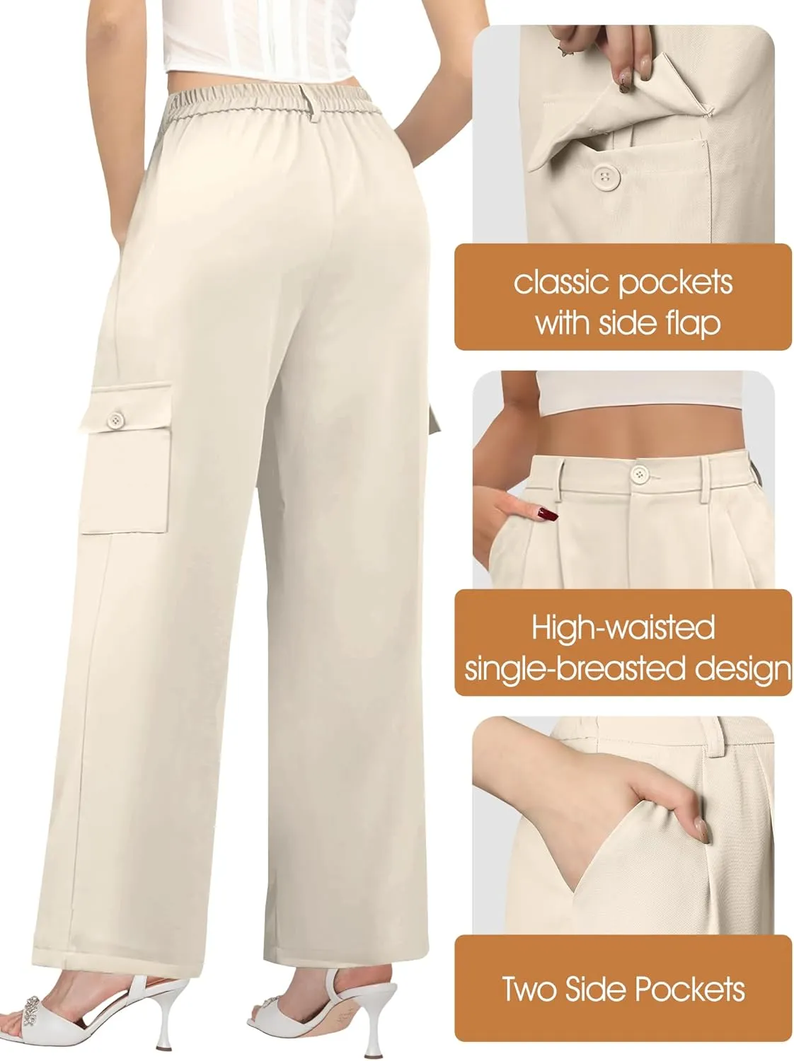 Buauty Women's Wide Leg Cargo Pants High Waisted Trousers Pants Casual Dress Pants with Pockets 2024 Loose Business Clothes