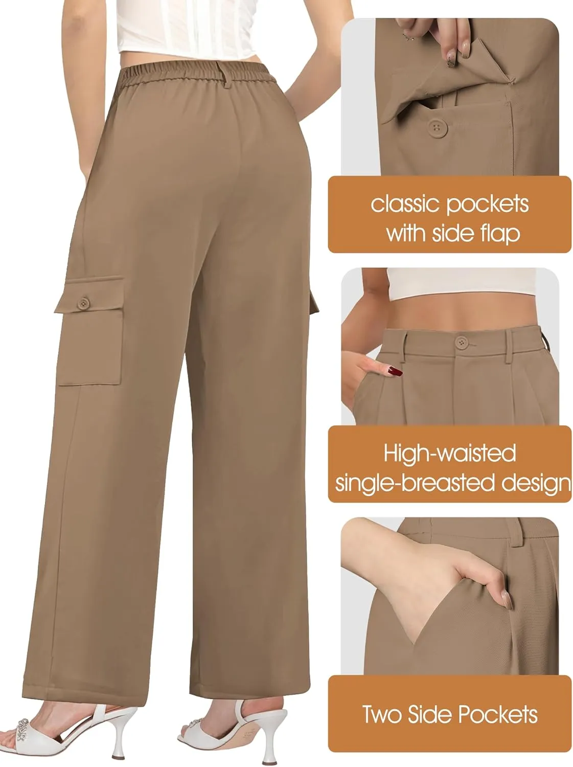 Buauty Women's Wide Leg Cargo Pants High Waisted Trousers Pants Casual Dress Pants with Pockets 2024 Loose Business Clothes
