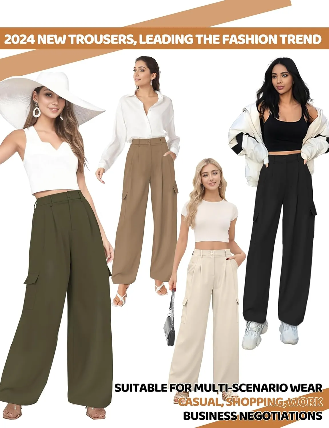 Buauty Women's Wide Leg Cargo Pants High Waisted Trousers Pants Casual Dress Pants with Pockets 2024 Loose Business Clothes