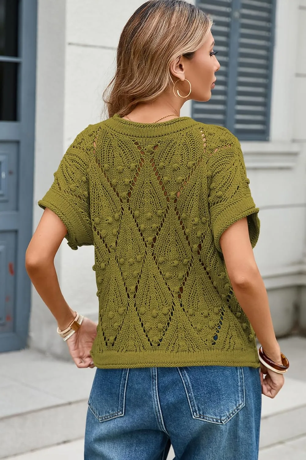 Cakulo Womens Summer Short Sleeve Crop Boho Tops Crochet Lightweight Sweaters 2025 Knit Top Casual Blouses