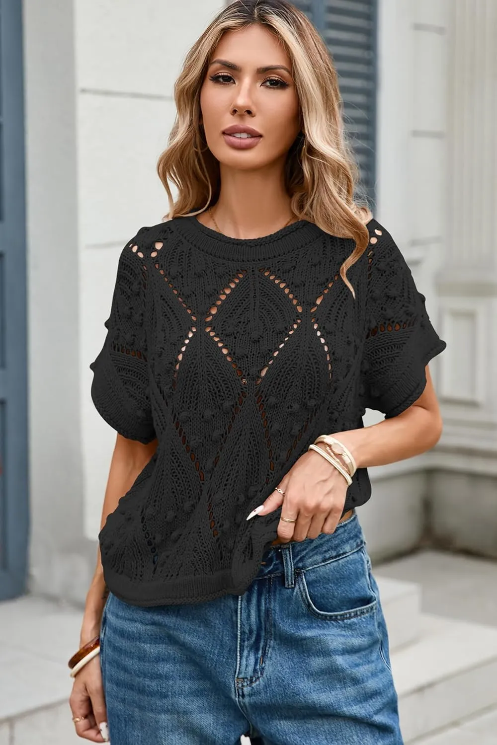 Cakulo Womens Summer Short Sleeve Crop Boho Tops Crochet Lightweight Sweaters 2025 Knit Top Casual Blouses