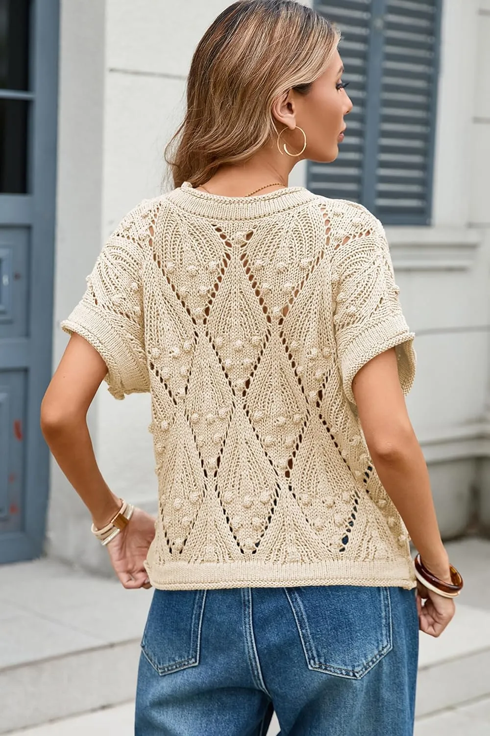 Cakulo Womens Summer Short Sleeve Crop Boho Tops Crochet Lightweight Sweaters 2025 Knit Top Casual Blouses